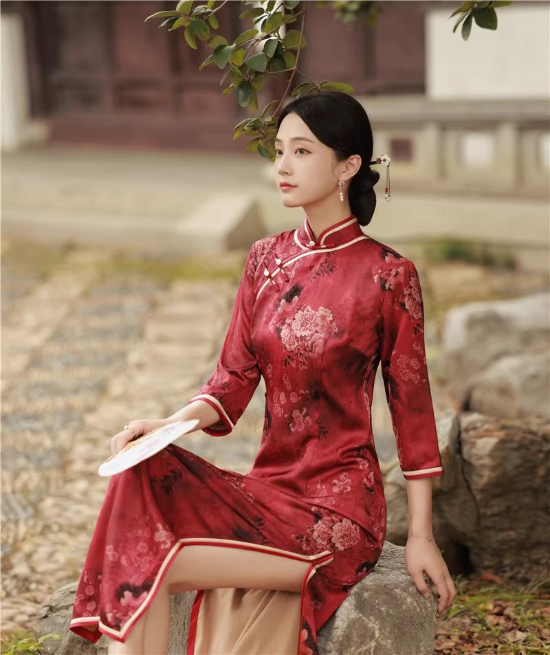 Trational Cheongsam Maxi Dress Sexy Long Split Chinese Qipao Slim Evening Party Dress