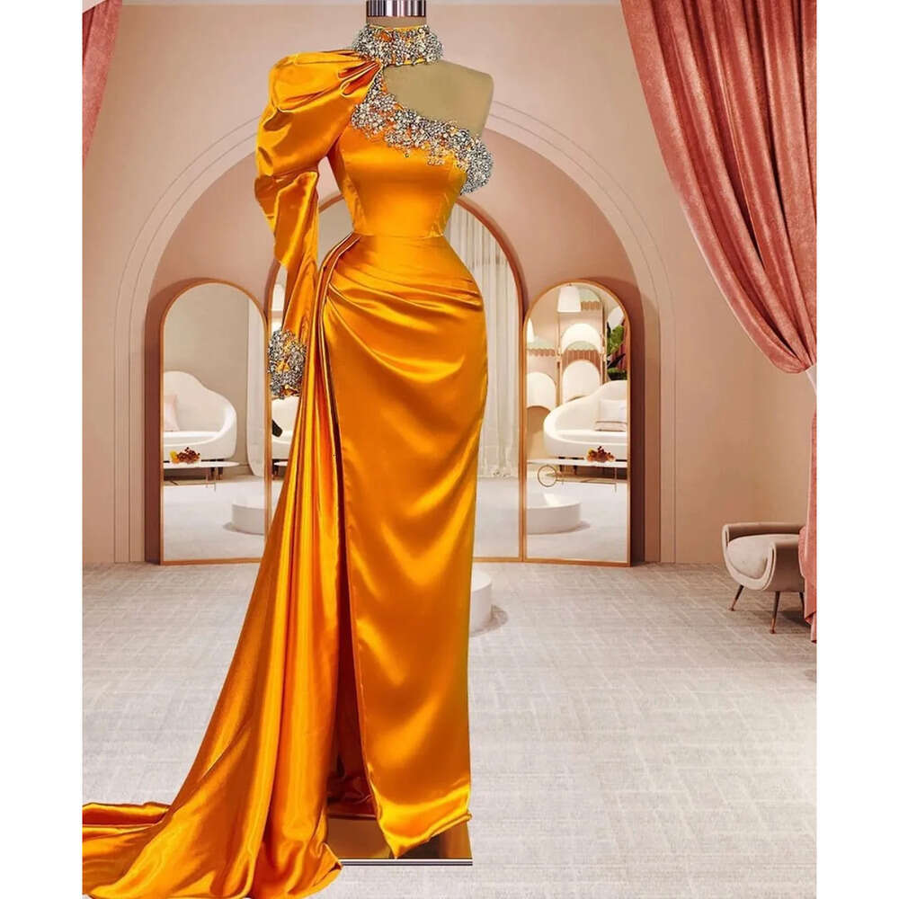 Neck One High Dresses Sleeve Mermaid Prom Attarctive Satin Beads Pearls Side Split Backless Court Gown Plus Size Custom Made Party Dress Vestido De No