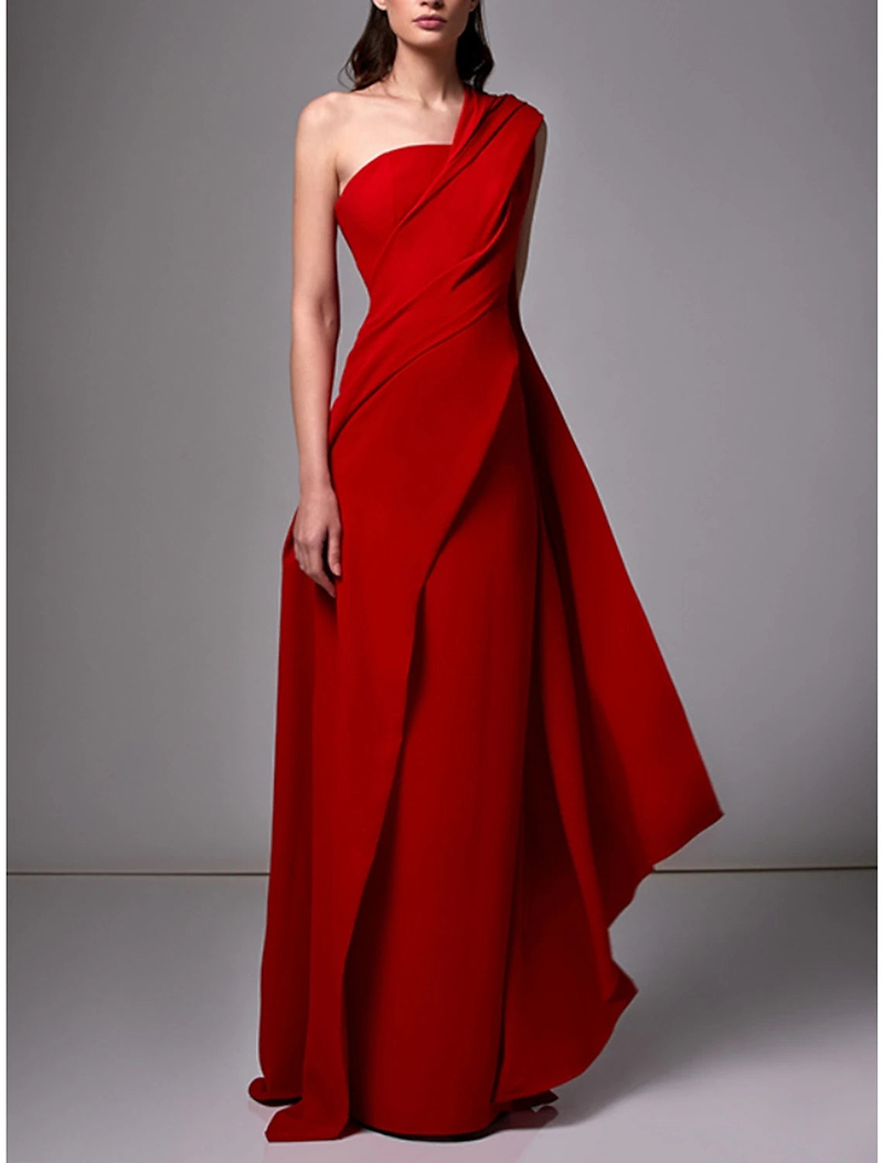 Fashion Column Prom One-Shoulder Sleeveless Floor-Length Ribbon Celebrity Evening Dresses Plus Size Custom Made B5018 0508
