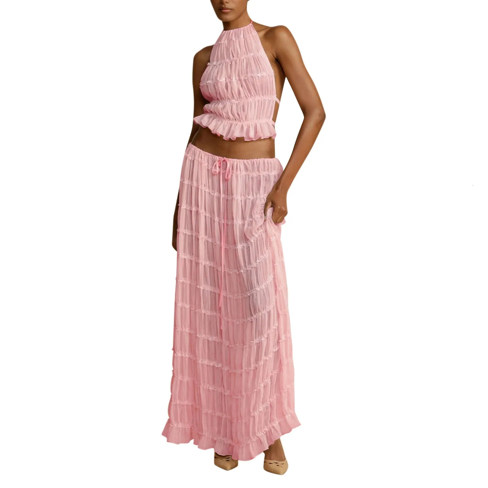 Elegant Halter Neck Long Skirt Suit Women Backless Sling Top Lace Up Fold Maxi Skirts Summer Female 2 Piece Set Outfits 240423