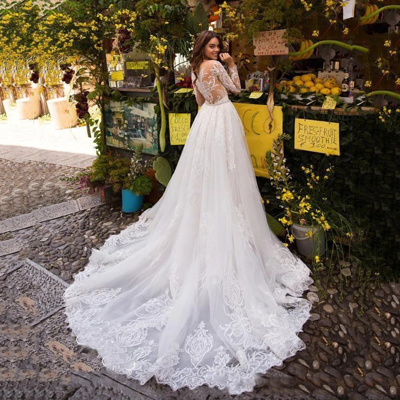 Chic Lace Mermaid Wedding Dresses With Detachable Train Long Sleeves Illusion Back Sexy Bridal Gowns 2024 Boho Beach Robe De Mariee