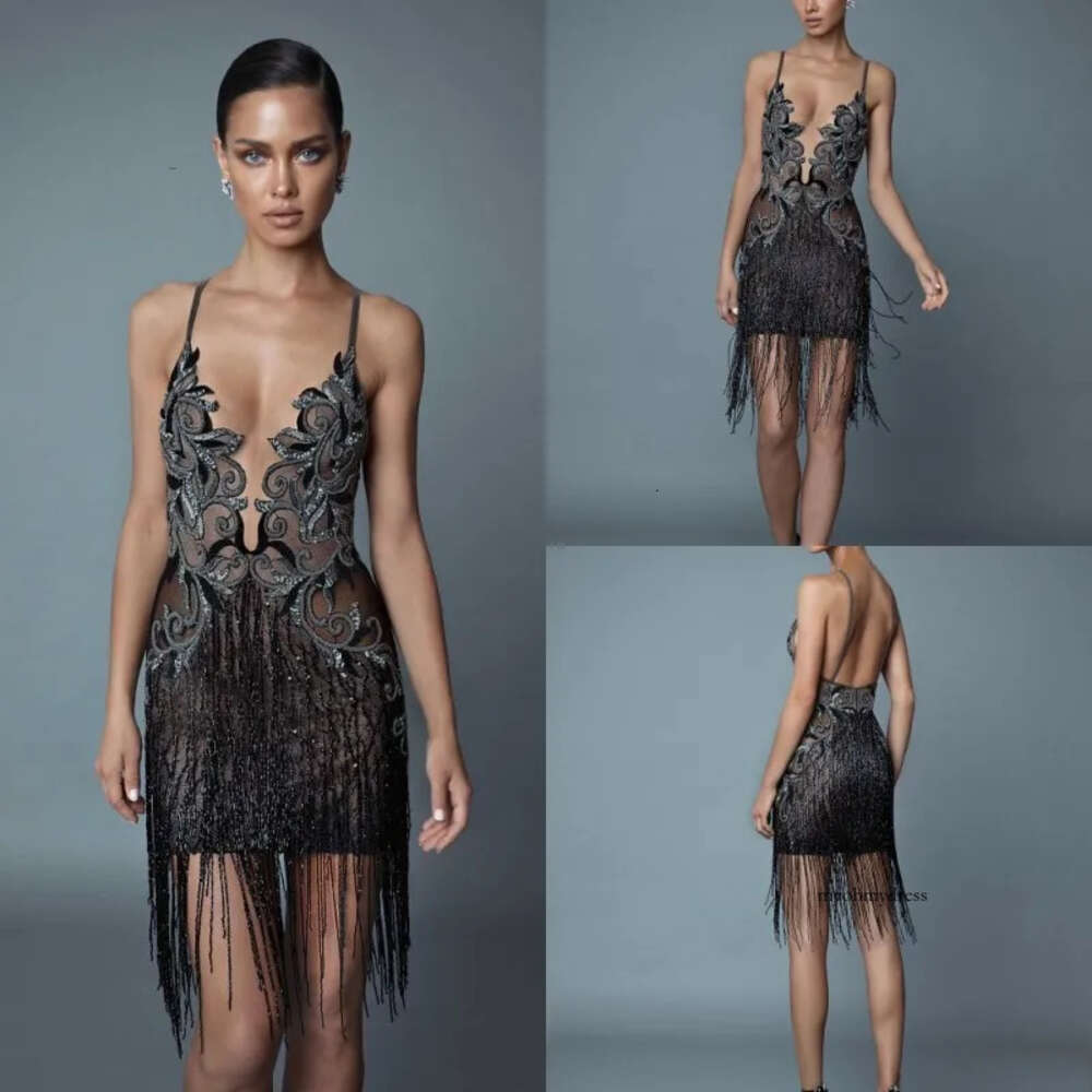 Plus Size Customized Sleeveless Evening Dresses Spaghetti Lace Crystal Beads Tassel Formal Dress Backless Sheath Short Party Bridesmaid Gown 0431