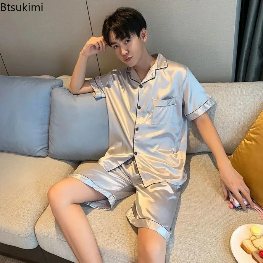 2024 Mens Casual Sleepwear Sets Silk Satin Pajamas Pants Set Button-Down Pyjamas Suit Pijama Male Loungewear Plus Size Pj Set 240428