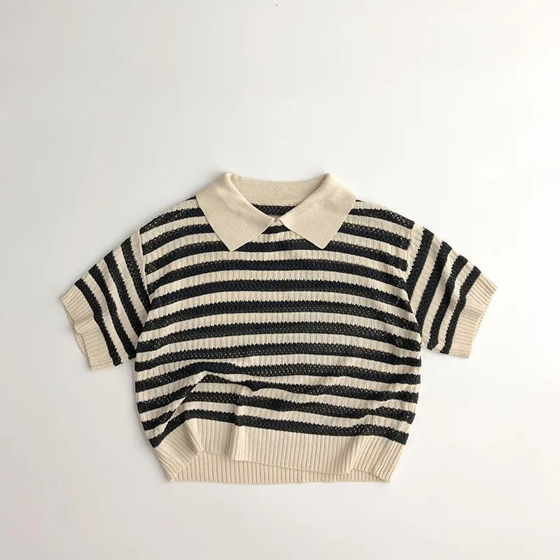 Spring Autumn Children Knitting Hollow Out Polo Shirt Girl Baby Loose Short Sleeve Pullover Tops Boy Kid Casual Striped Tees 240506