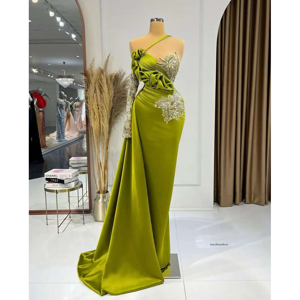 Mermaid Prom One Long Sleeve Satin V Neck Strap Appliques Sequins Pearls Beaded Floor Length Celebrity Diamonds Evening Dresses Plus Size Custom Made 