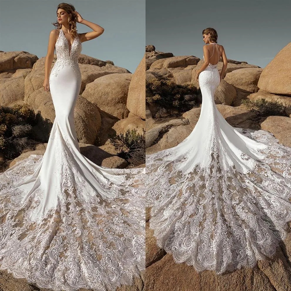 2024 Sexy Mermaid Wedding Dress for Bride Halter Lace Appliques Backless Sweep Train Summer Boho Bridal Gowns Dresses Vestidos De Noivas