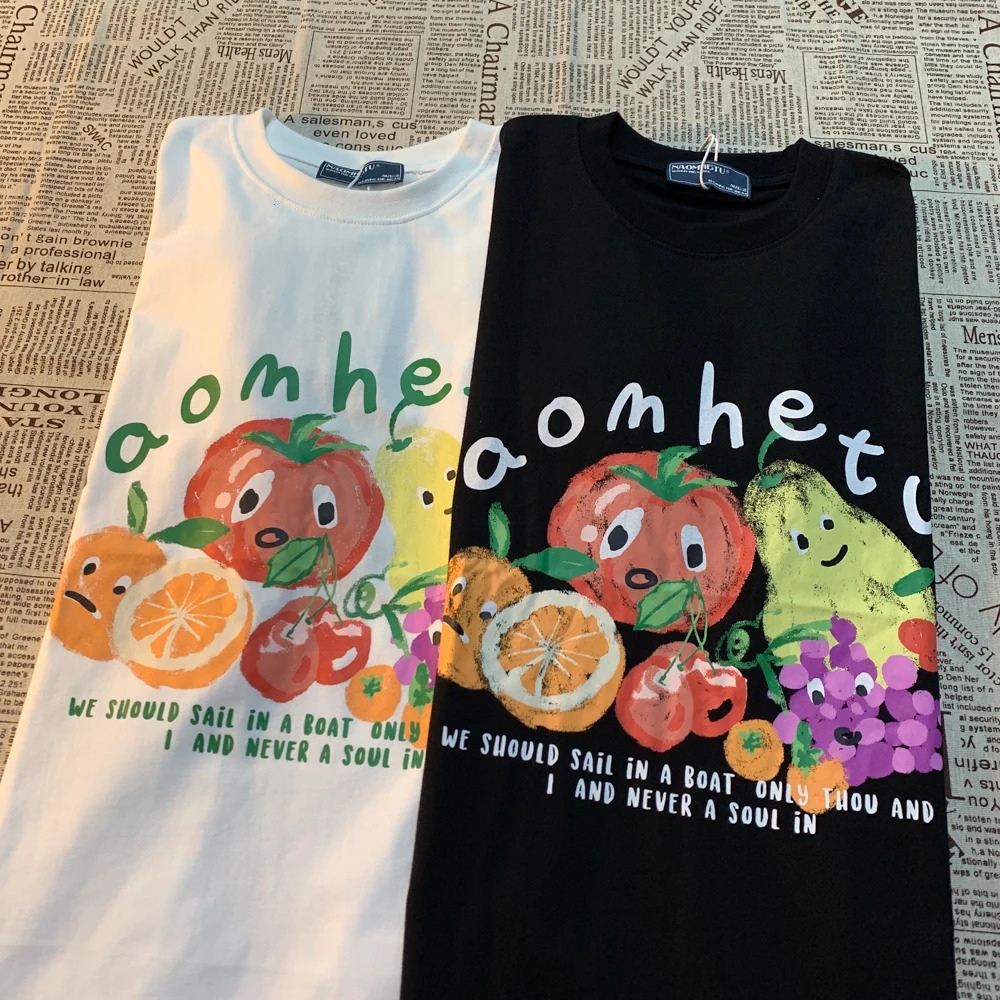 American Retro Fruit Print Round Neck Short Sleeved Tshirt For Women And Men Trendy Loose Versatile Couple Half Tee 240420