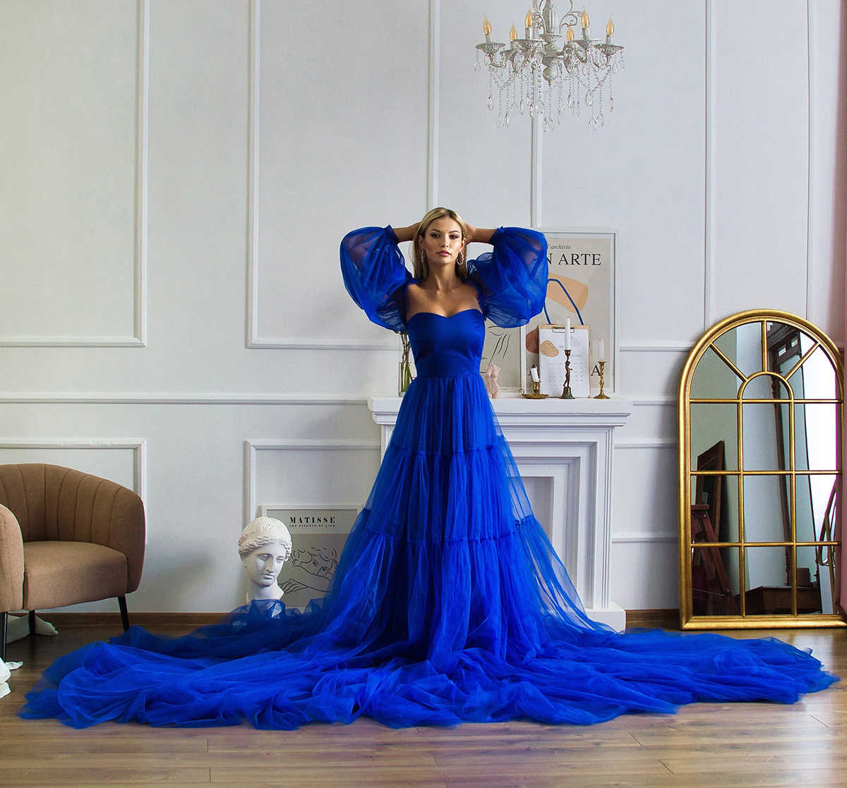 Fairy A-Line Prom Strapless Long Sleeve Sweep Train Lace Up Ruffle Pick-ups Tiered Celebrity Evening Dresses Plus Size Custom Made L24655 0508