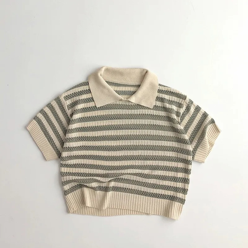 Spring Autumn Children Knitting Hollow Out Polo Shirt Girl Baby Loose Short Sleeve Pullover Tops Boy Kid Casual Striped Tees 240506