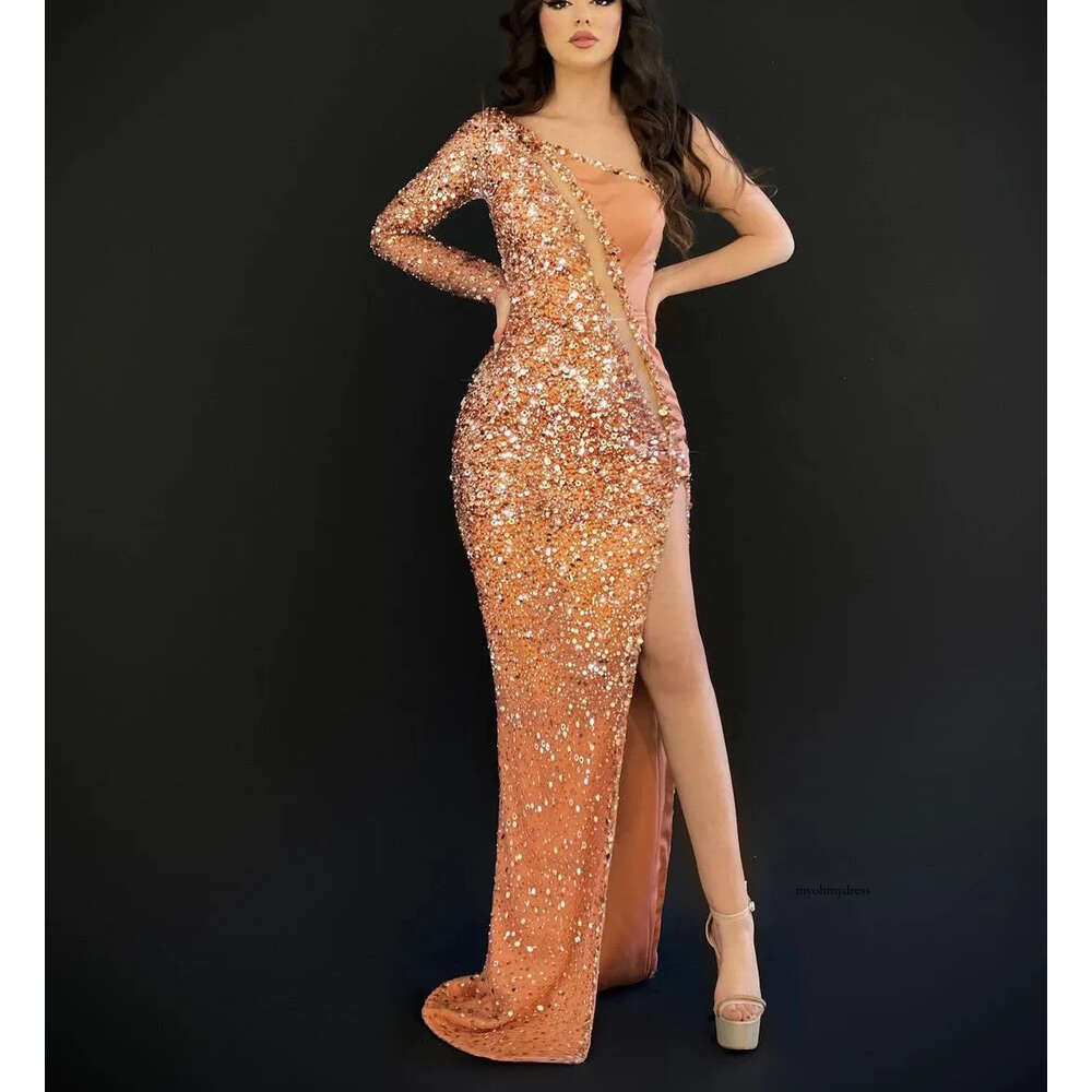 Mermaid Prom Dresses One Long Sleeve Bateau Appliques Sequins Sparkly Floor Length Satin 3D Lace Side Slit Evening Dress Bridal Gowns Plus Size Custom