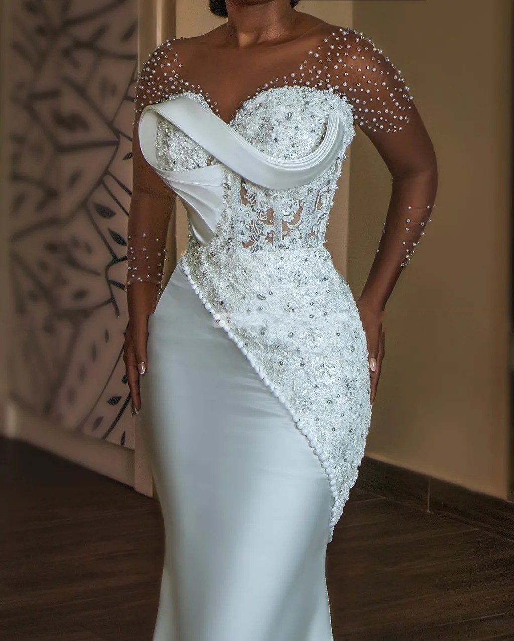 African Satin Mermaid Wedding Dress 2025 for Bride Sheer Neck Long Sleeve Appliques Beading Bridal Formal Gowns Civil Vestidos De Noivas
