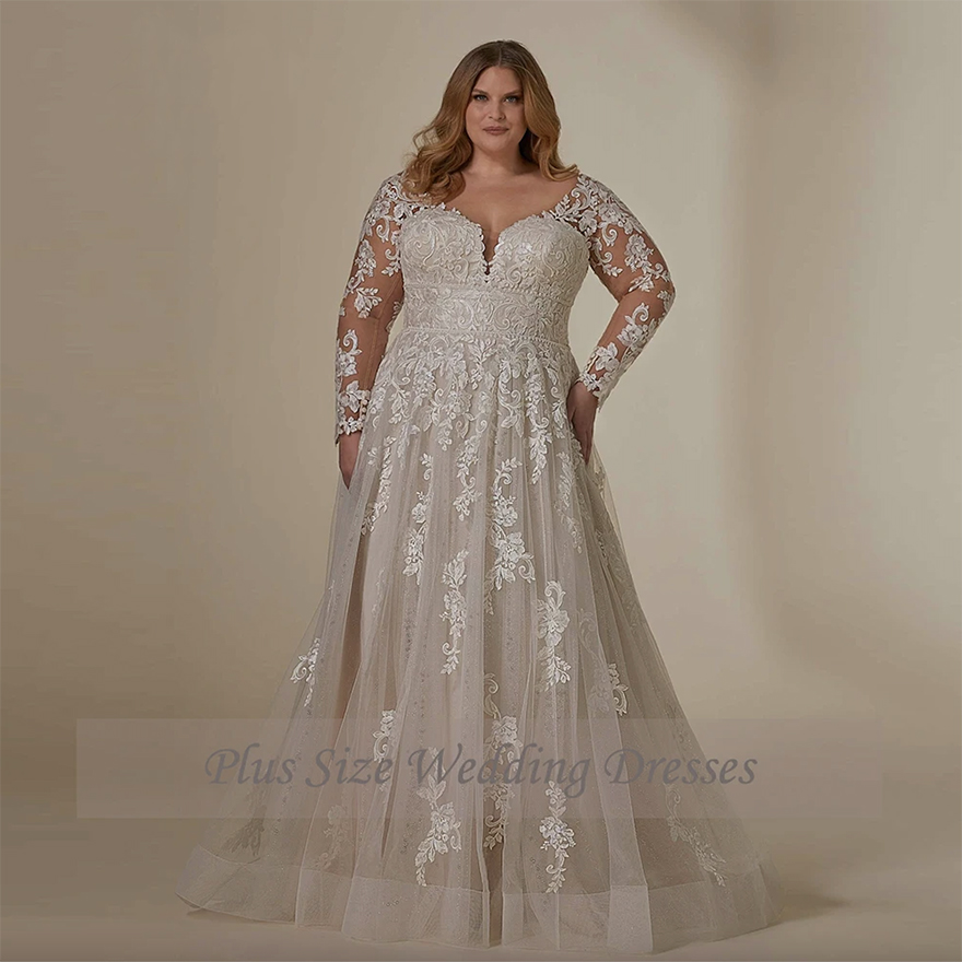 Classic V Neck Wedding Dresses Plus Size Long Sleeves Bride Gowns Appliques Backless Sweep Train A-Line Tulle Vestido De Novia