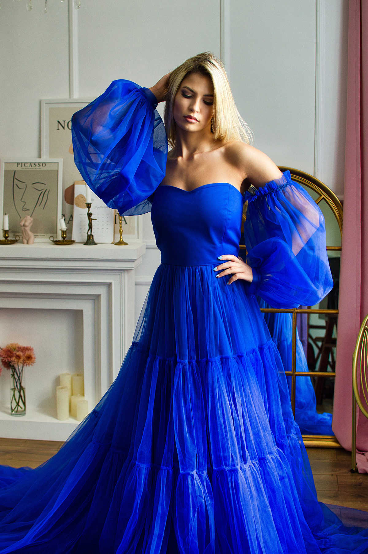 Fairy A-Line Prom Strapless Long Sleeve Sweep Train Lace Up Ruffle Pick-ups Tiered Celebrity Evening Dresses Plus Size Custom Made L24655 0508