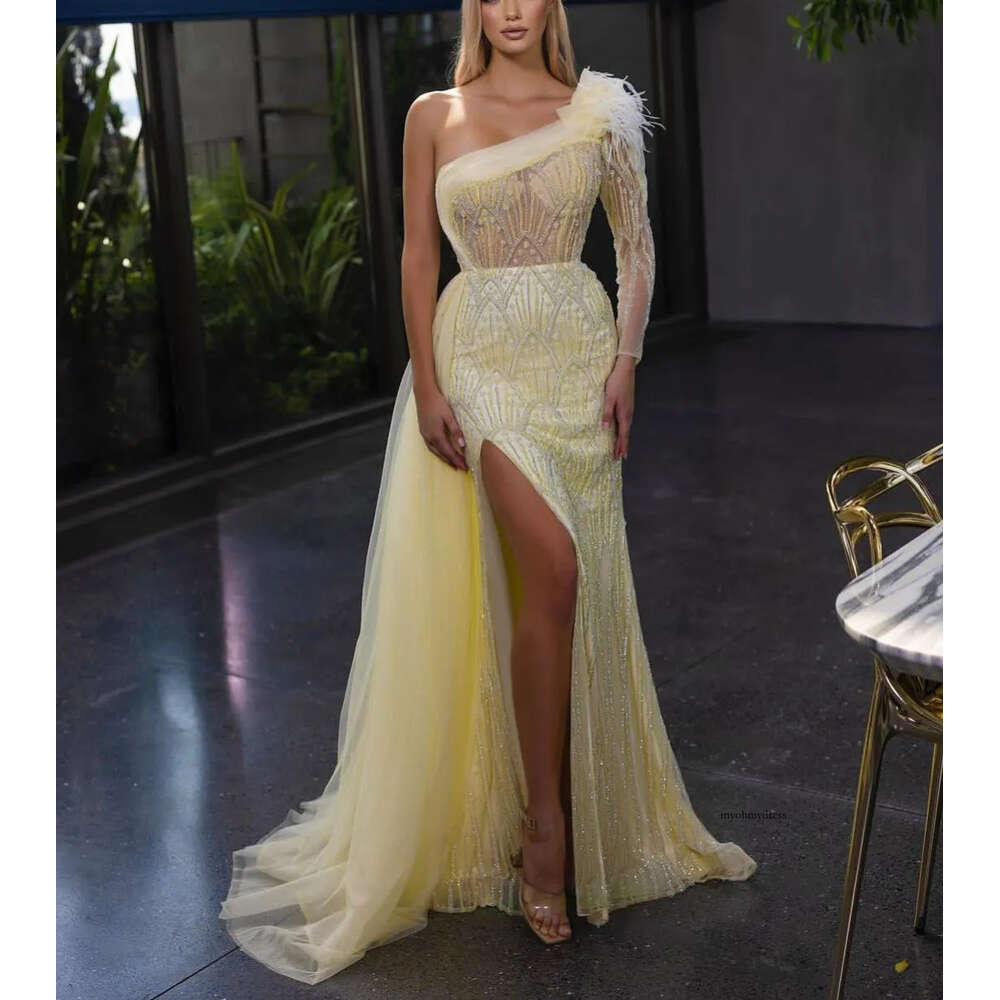 Yellow Sparkly Prom One Long Sleeve Bateau 3D Lace Sexy Appliques Sequins Beaded Floor Length Celebrity Side Slit Evening Dresses Plus Size Custom Mad