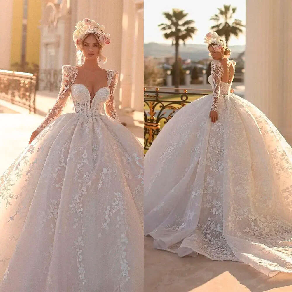 Dresse Ball Gown Sleeve Wedding Gorgeous Long Backless 3D Applique V Neck Or Length Lace Custom Made Pearl Vestidos De Novia Estidos