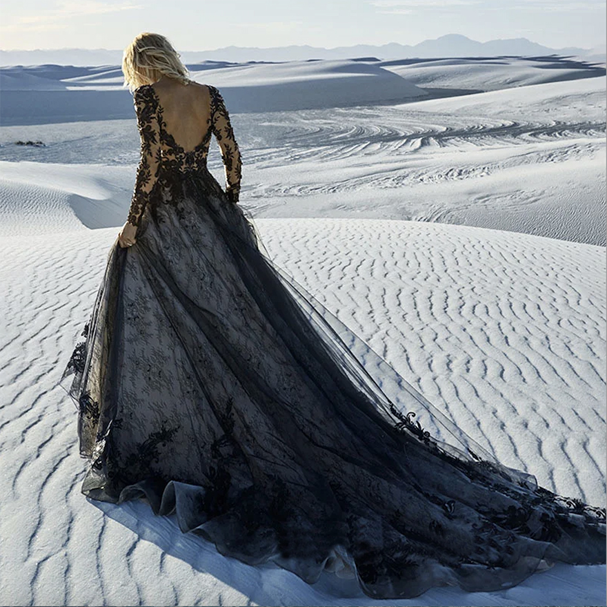 Sexy V Neck Black Lace Appliqued Long Sleeves Tulle Wedding Dresses Sweep Bride Dress Bridal Gown