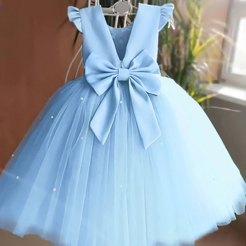 Summer Girls Lace Dresses For Kids 15 Year Flower Birthday Tulle Dress Backless Bow Princess Wedding Gown Party Wear Child 240420