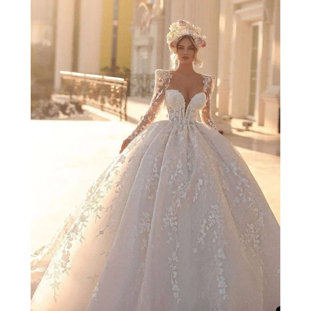 Dresse Ball Gown Sleeve Wedding Gorgeous Long Backless 3D Applique V Neck Or Length Lace Custom Made Pearl Vestidos De Novia Estidos
