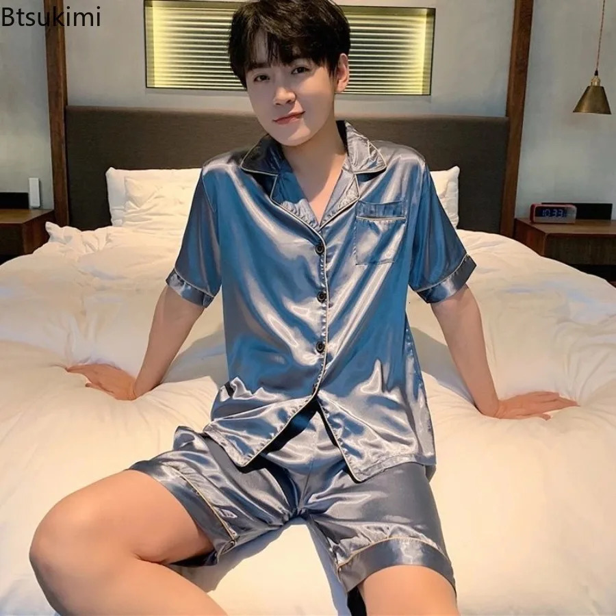 2024 Mens Casual Sleepwear Sets Silk Satin Pajamas Pants Set Button-Down Pyjamas Suit Pijama Male Loungewear Plus Size Pj Set 240428