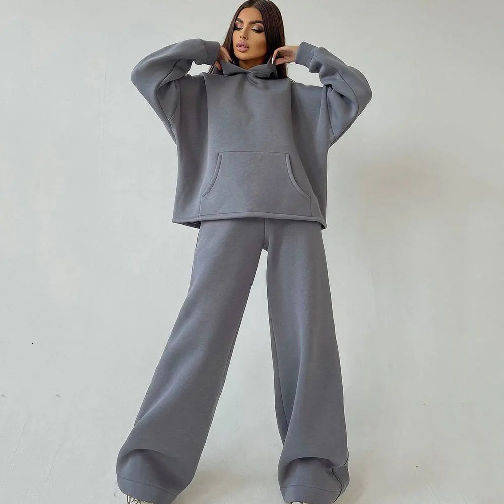 Women Sweatpants and Hoodie Set Oversized Tracksuit Two Pieces Hooded Pullover Wide Leg Trousers Suit Outfits 240419