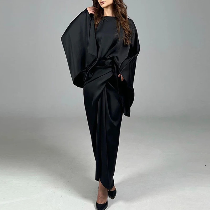 Women Sexy Solid Slim Bodycon Suit Spring Oneck Batwing Sleeve Top Pullover Boho Long Skirt Outfit Autumn Satin 2pcs Set 240423