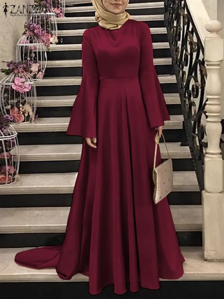 Spring Muslim TDress ZANZEA Women Elegant Long Flare Sleeve Satin Dress Casual Ramadan urkey Abaya Hijab Sundress Robe Femme 240506