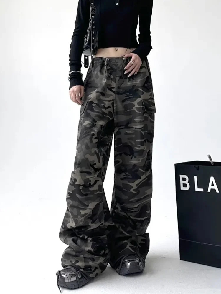 HOUZHOU camouflage cargo jeans for womens retro oversized hip-hop style bagged denim Trousers Korean Streetwear Y2k 90s camouflage pants 240426