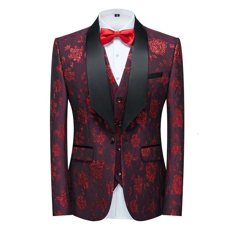 Fashion Mens Casual Business Wedding Flower Suits Coat Trousers 3 Pcs Set Male Printed Dress Blazers Jacket Pants Vest 240430