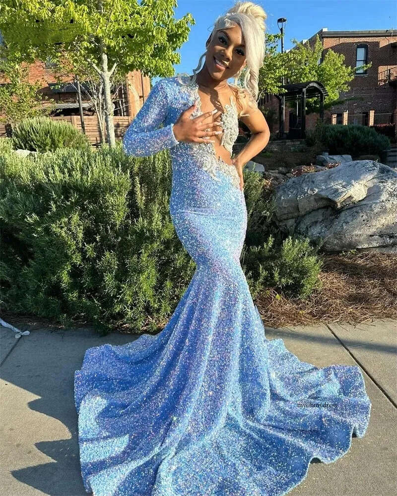 Sparkly Sky Blue Prom Glitter Crystal Beads Rhinestones Sequins Gown Graduation Birthday Party Dress For Black Girls 2024 0431