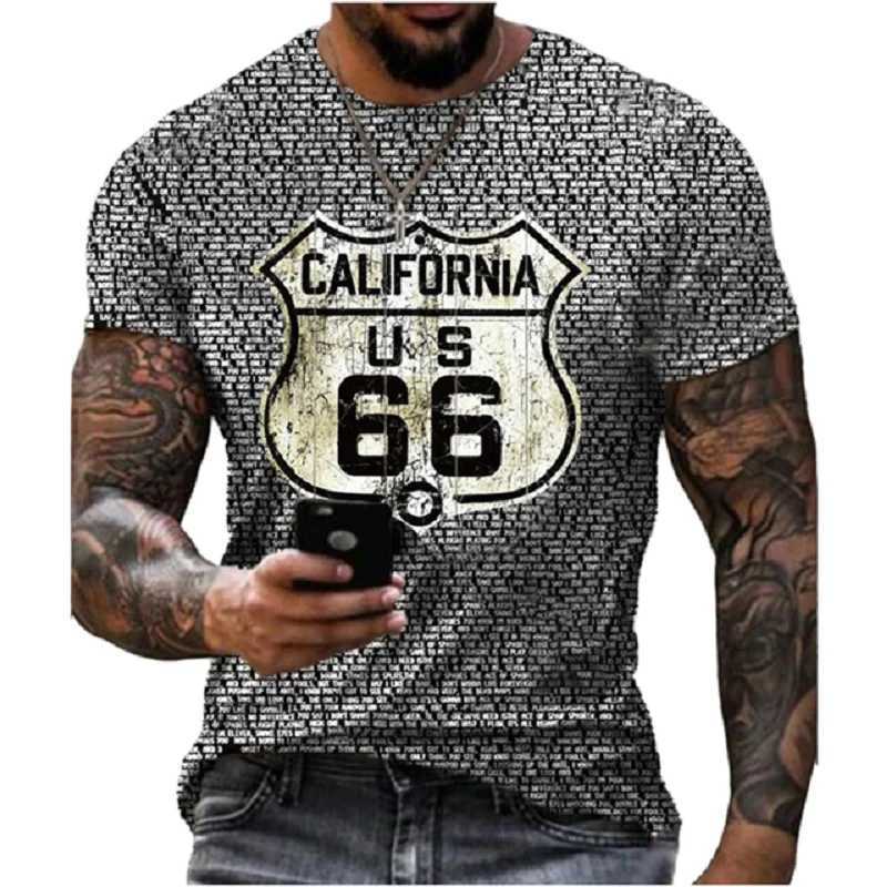 Men's T-Shirts 2023 Summer Mens T-shirt Route 666 3D Printed Short Slve Fashion Oversized Loose Tops Ts O-Neck Casual Retro Men Clothing T240505