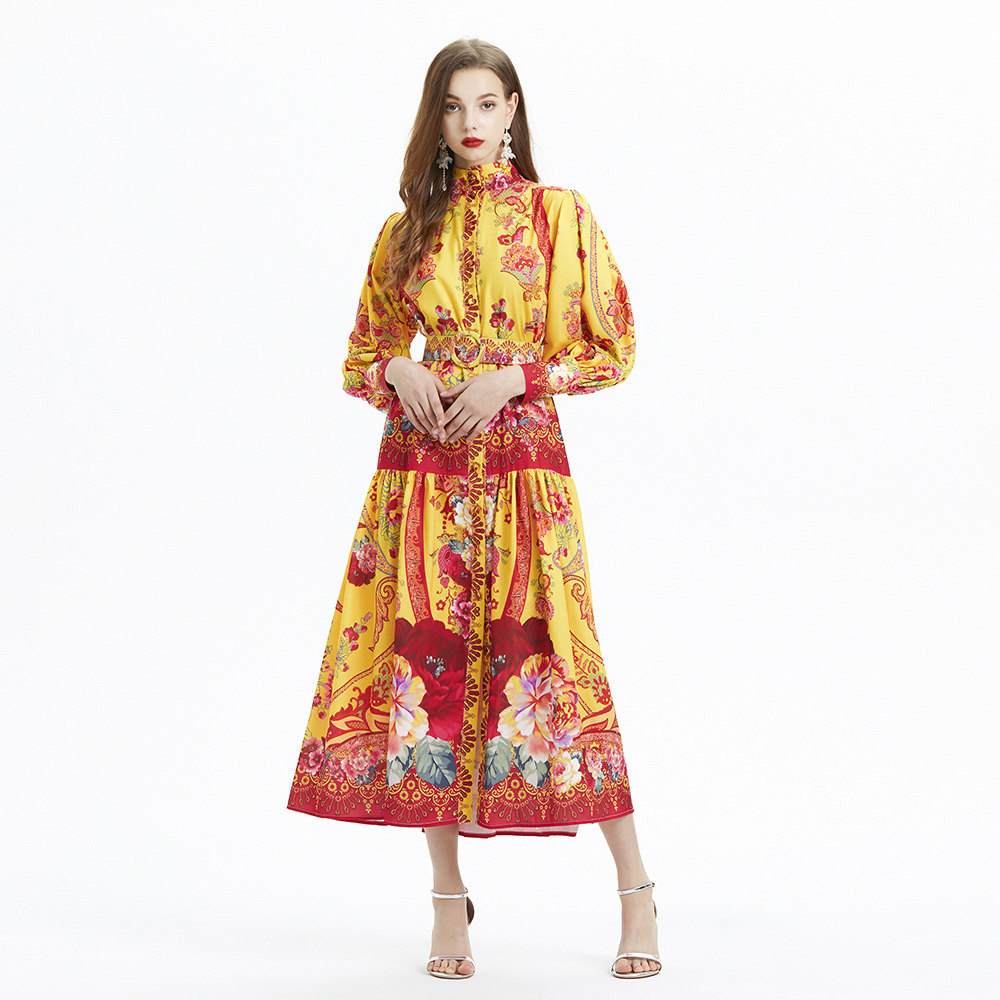 Designer Long Sleeve Floral Linen Maxi Dress Yellow Elegant Women Vintage Print Party Wear Casual Shirt Dresses Mock Neck Slim A-line Cocktail Resort 