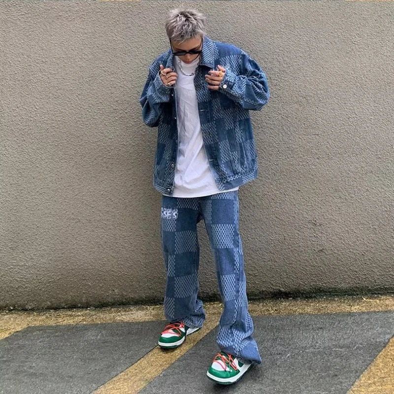 Autumn Denim Set Men Women Plaid Patchwork Lapel Denim Jacket Wide Leg Straight Jeans Mens Casual Loose Two Piece Suit Unisex 240426