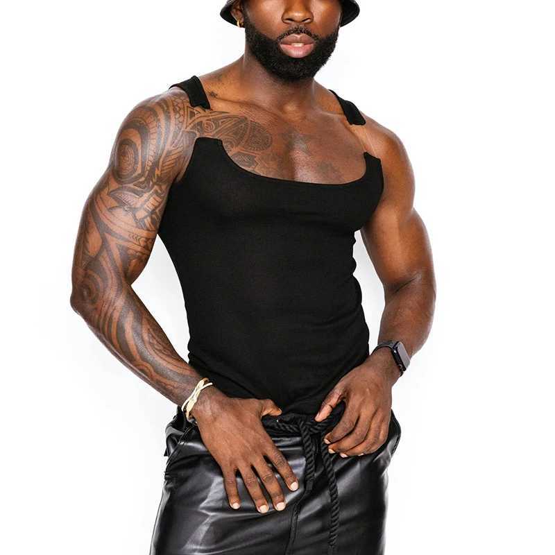 Men's Tank Tops Fashion Solid Color Knitted Stretch Slim Tank Tops Mens 2024 Spring Summer Trendy Chain Straps Square Collar Vest Men Strtwear Y2
