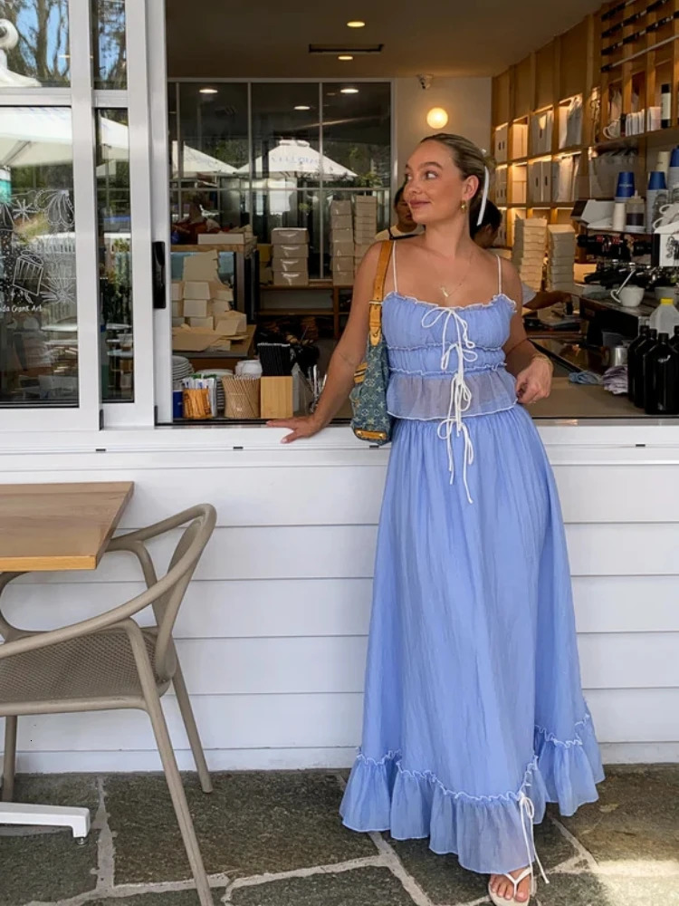 White Pleated Crop Tops Long Skirt Suit Women Chic Ruffles Lace Bandage Dress Set Summer Ladies Elegant 2 Piece Beach Outfit 240423