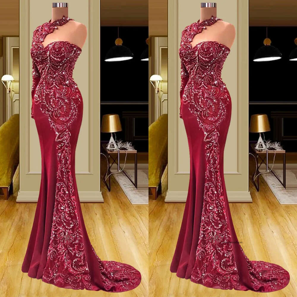 Dark Red Prom One Long Sleeve Halter Appliques Sequins Beaded Lace Floor Length Evening Dresses Gowns Plus Size Custom Made 0431