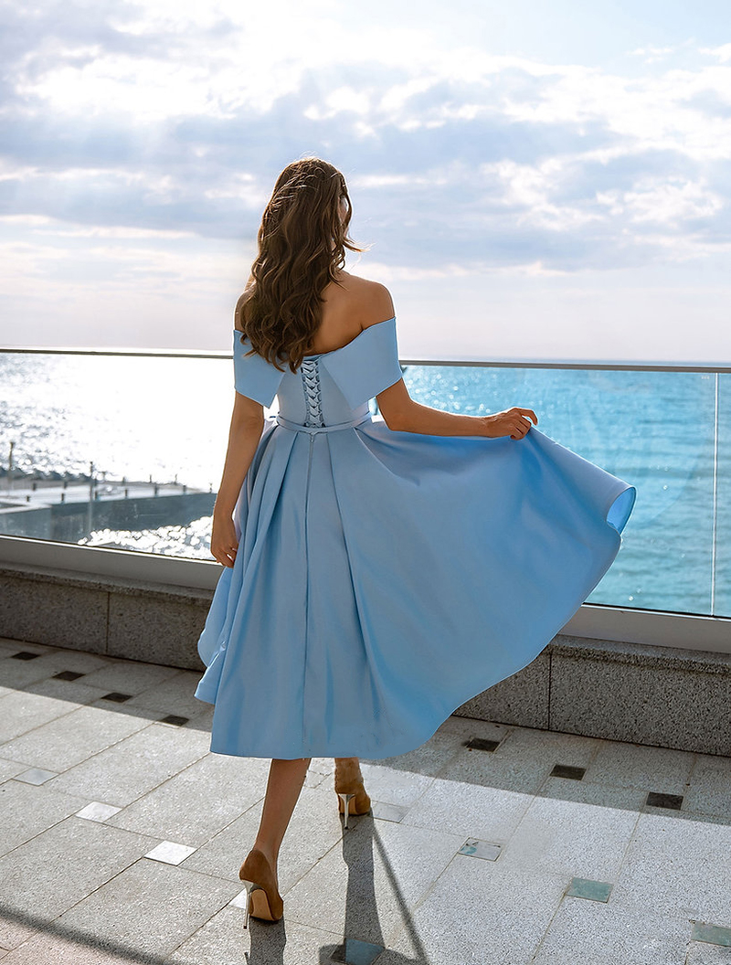 2024 A-Line Prom Off-the-Shoulder Short Sleeve Lace-up Tea-Length Pick-ups New Arrivals Celebrity Evening Dresses Plus Size Custom Made B5003 0508