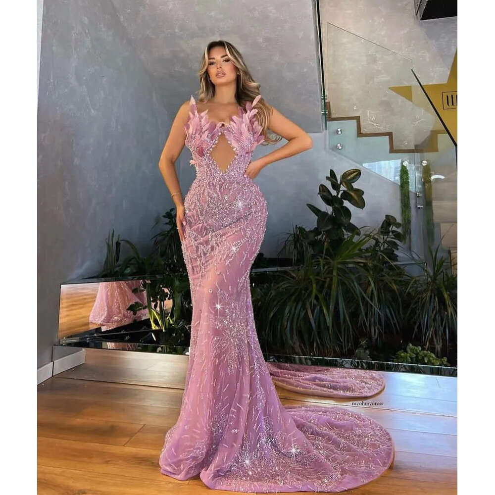Pink Mermaid Prom Sleeveless V Neck Feather Appliques Sequins Evening Or Length Sparkly Beaded Formal Dresses Plus Size Custom Made 0431 Lz0304