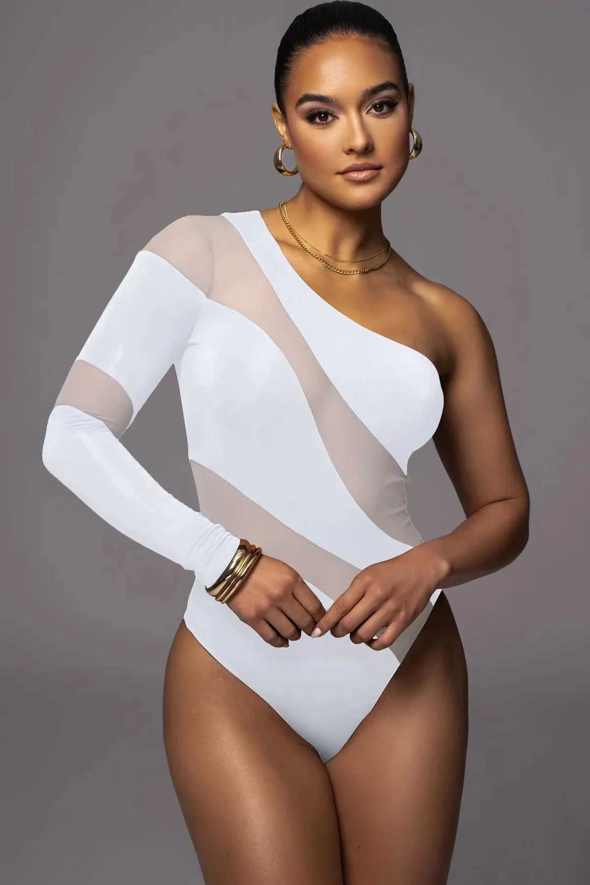 Women's Swimwear 2024 Spring Summer Women Sexy Bodysuits Black White Body Mujer One Shoulder Neck Tops Lady Strt Bodysuit Slim Fashion Rompers T2