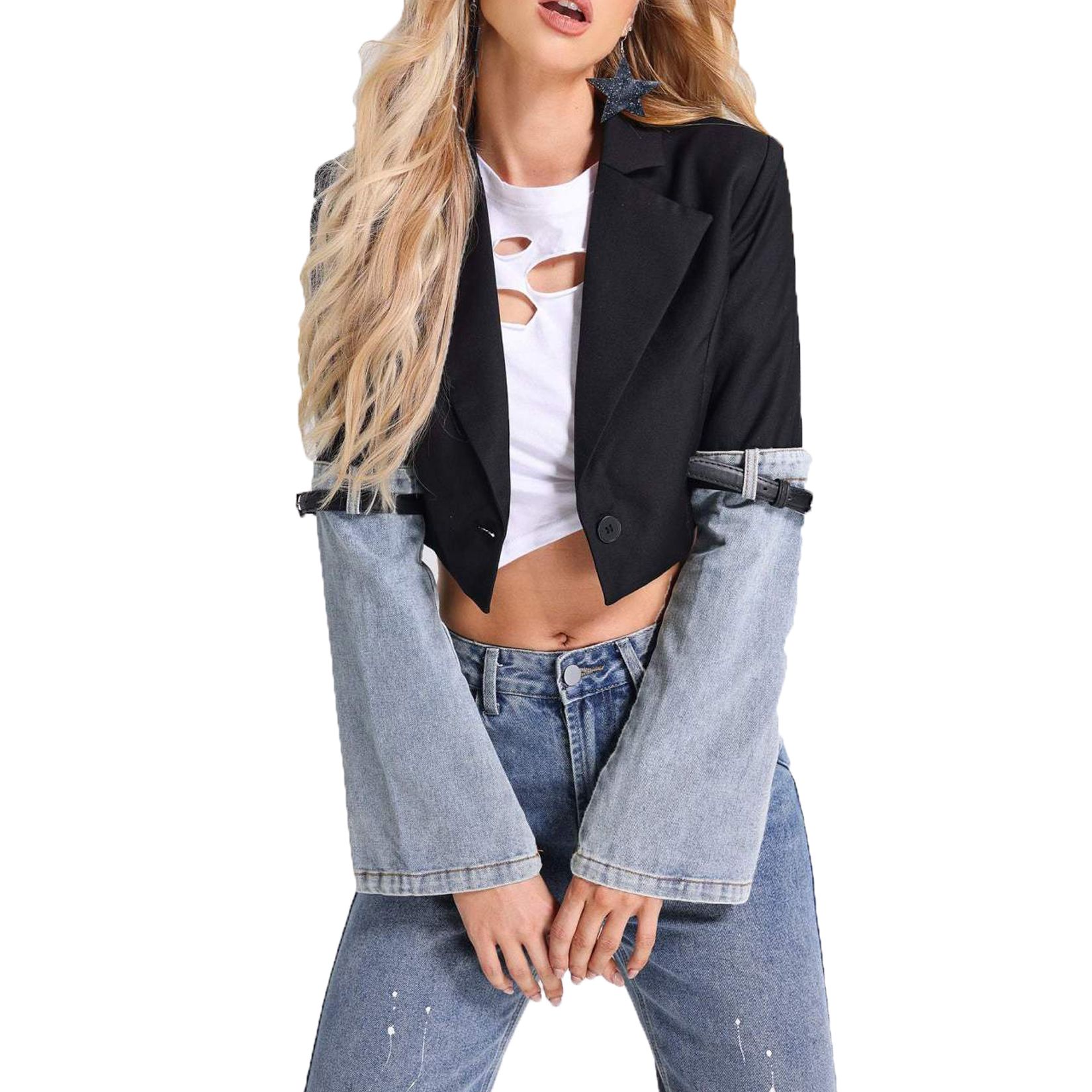 Fashionable temperament and personality trendy brand denim jacket 2024 new high-end long-sleeved lace-up versatile short suit for women designer blaze