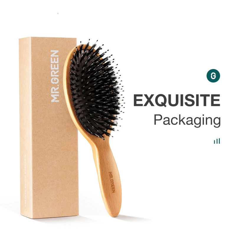 Mr. Green bristle hair brush natural beech comb hair brush used for curling thickening drying hair removal female massage brush 240429