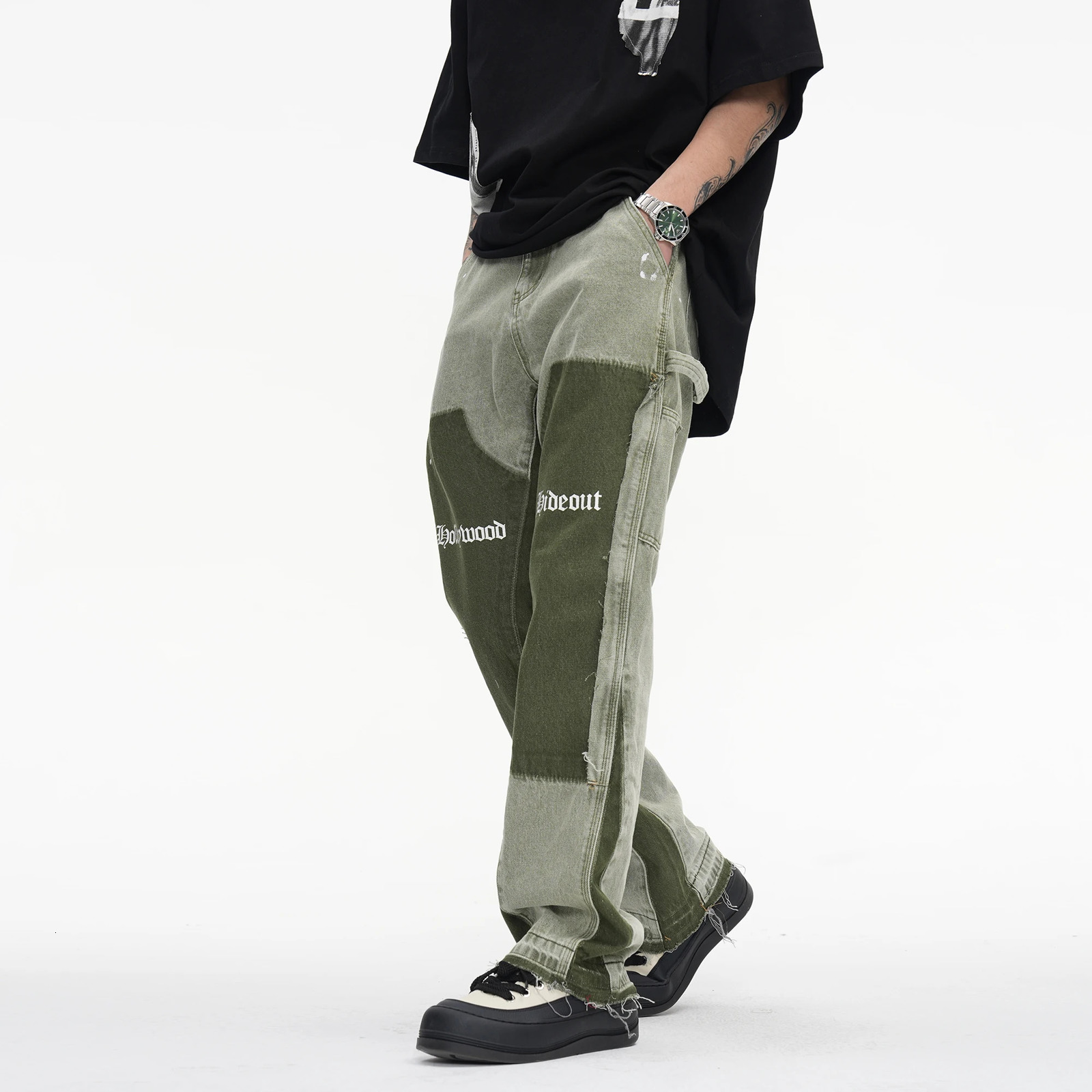 Vintage Distressed Graffiti Mens Flared Denim Jean Hip Hop Splash Ink Colorblocked Y2k Street Wear Casual Slim Fit Jean Man Pant 240428