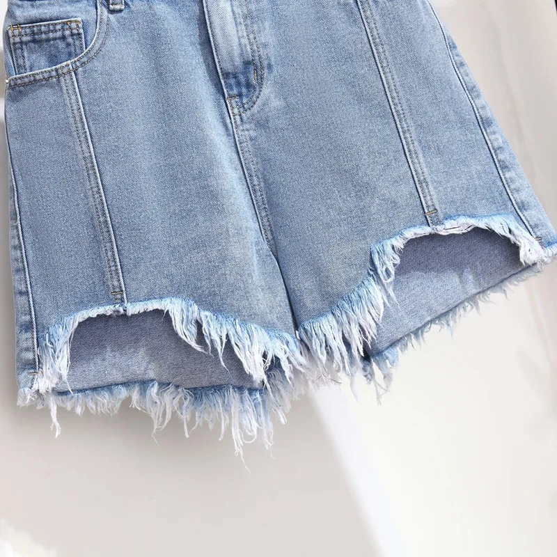 Women Plus Size Jean Shorts Frayed Raw Hemline Ripped Denim Short Jeans High Waist Cute Distressed ouc1528 240420