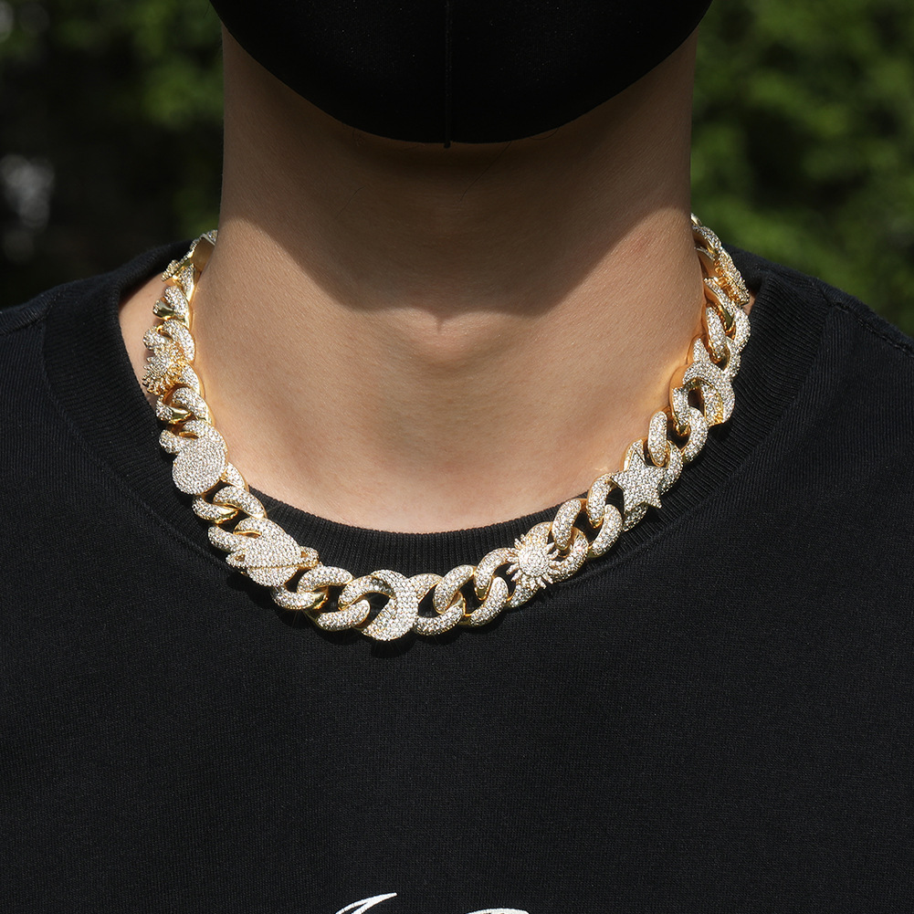 16mm Hip Hop Sun Star Eye Cuban Chain Necklace Bracelets Gold Plated 5A Zircon Men Jewelry Set