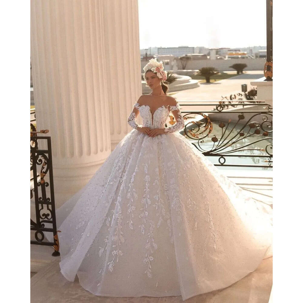 Dresse Ball Gown Sleeve Wedding Gorgeous Long Backless 3D Applique V Neck Or Length Lace Custom Made Pearl Vestidos De Novia Estidos