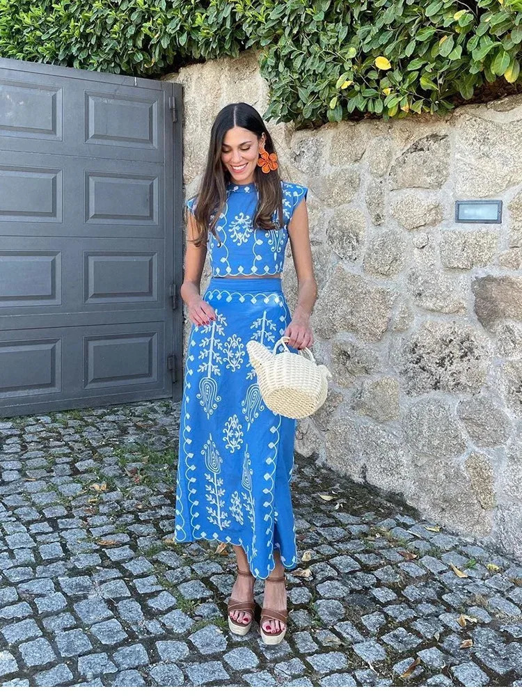 Summer Women Printed Patchwork Sleeveless Cropped Top Long Skirt Suit High Waisted Pattern Outfits 2 Pieces Set 240423