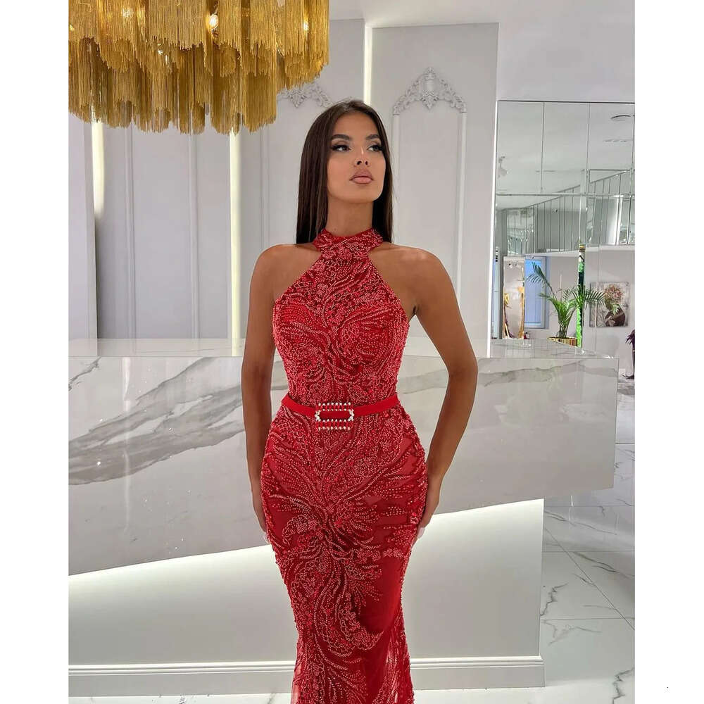 Sleeveless Classic Appliques Prom Dresses Jewel Mermaid Lace Tulle Ruffles Belt Or Length Zipper Plus Size Custom Made Party Dress Vestido De Noite