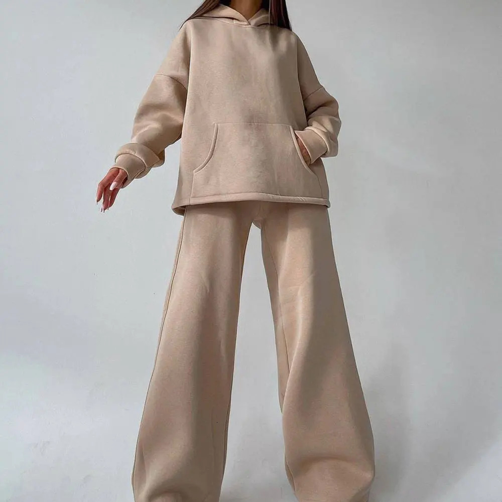 Women Sweatpants and Hoodie Set Oversized Tracksuit Two Pieces Hooded Pullover Wide Leg Trousers Suit Outfits 240419