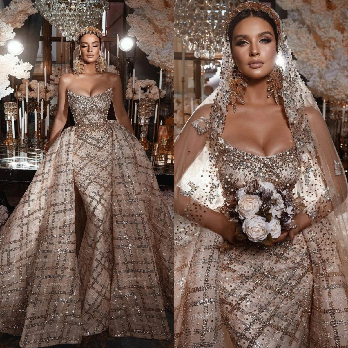 Vintage Pearls Wedding Dresses Strapless Mermaid Bridal Gowns With Detachable Train Long Sleeve Custom Made Bride Dress Vestidos De Novia 0219