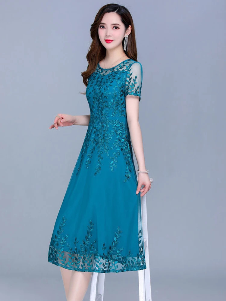Blue Casual Chiffon Mesh Korean Long Dress Summer Women 2023 Tunics Midi Fashion Elegant Prom Evening Dresses Short Sleeve 240416