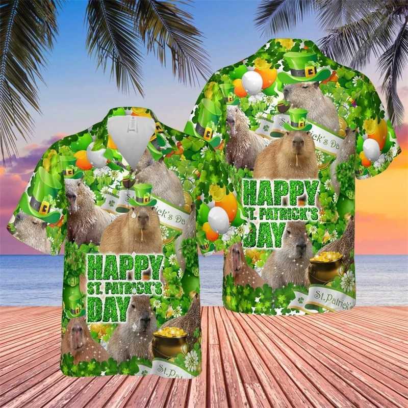 Men's Casual Shirts Capybara Hibicus Flower 3D Printed Shirts For Men Clothes Hawaiian Beach Shirt Casual Cute Animal Short Slve Women Blouses To